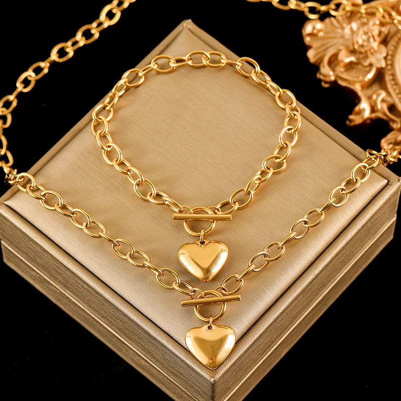 EILIECK 316L Stainless Steel Gold Color Heart Love Necklace Bracelets Set Waterproof Jewelry Set