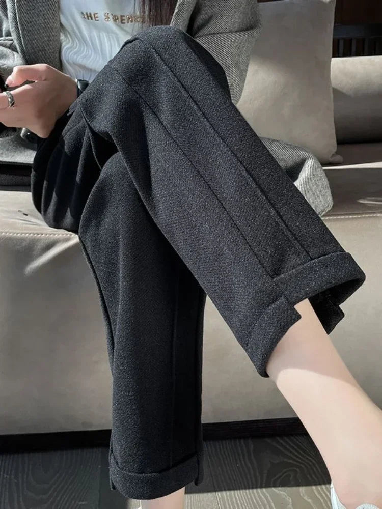 Warm Thickened Cropped Pants 2024 Winter Women' S Pants Loose Casual Herringbone High-waisted Tweed Straight Pants