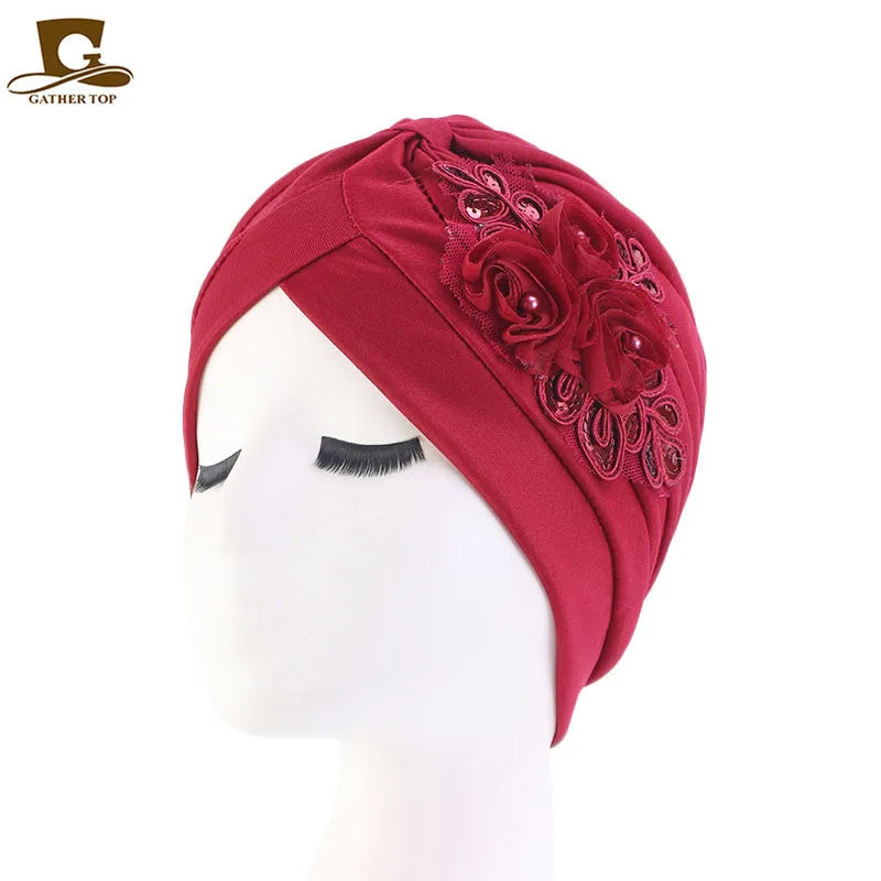 New Flower Decoration Turban, Solid Color Women's Head Wrap, Fashion Headwear, Bandana Cap