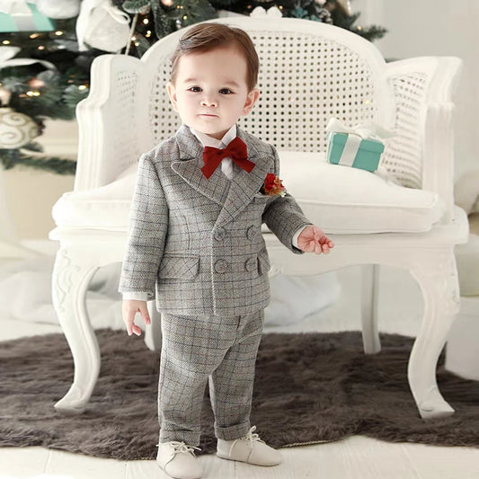 Kids Formal Plaid Suit Children Jacket Baby Blazer Pants With braces Bow tie Clothes Set Outfit