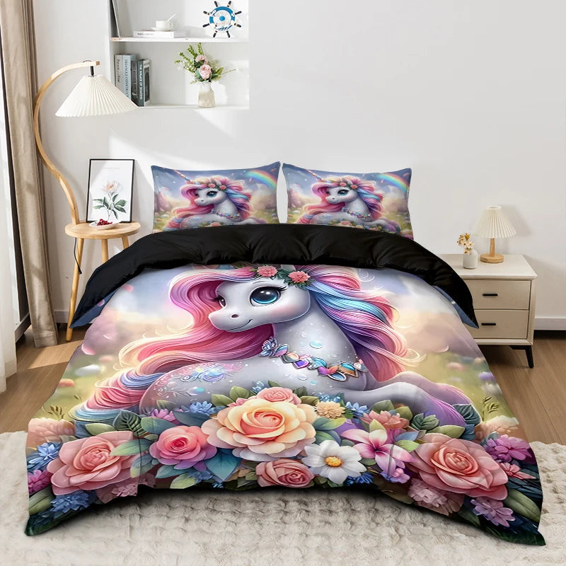 3PC Cartoon Unicorn Comfortable Bedding Set 1Duvet Cover & 2 Pillowcases Polyester Fiber 3D Digital Printing