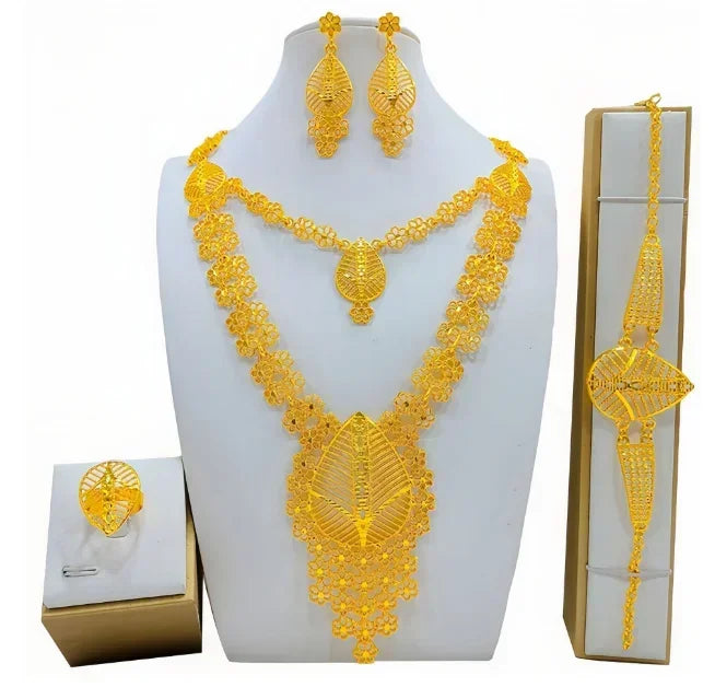 Fashion India Latest Design Jewelry Luxury African Jewelry Necklace Earrings Ring Bracelet Set Dubai Gold Color