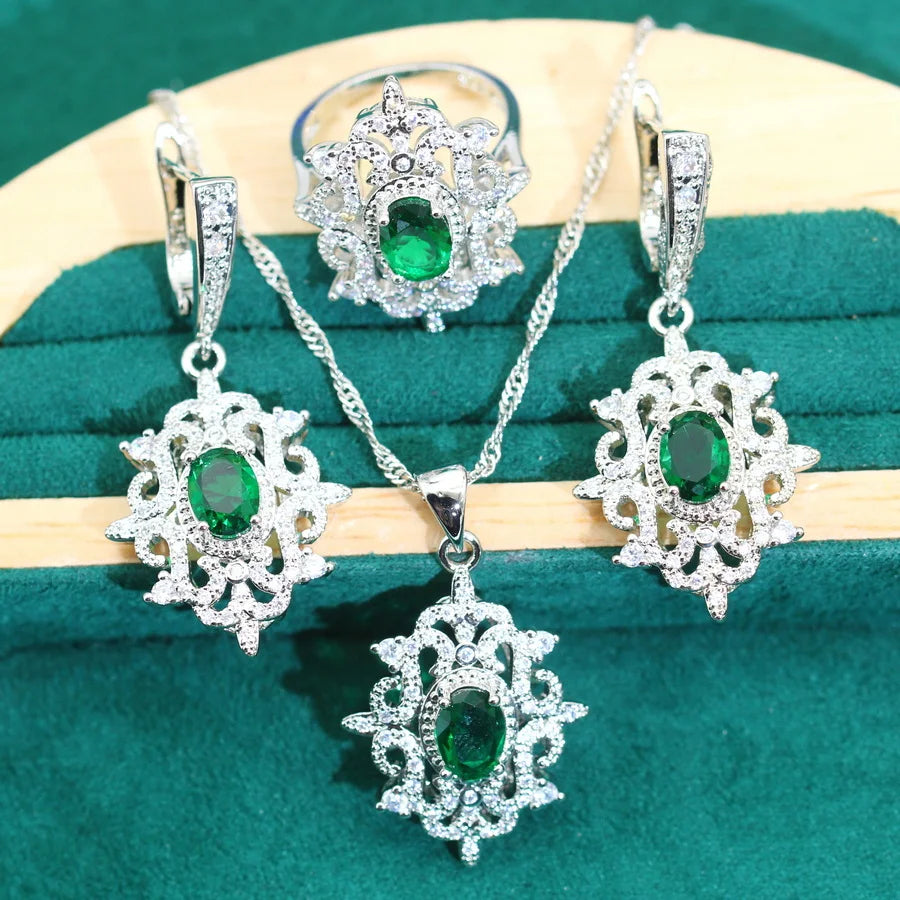 Wedding Silver 925 Jewelry Sets Women Dubai Green Zircon Bride EarringsRing Bracelet Necklace