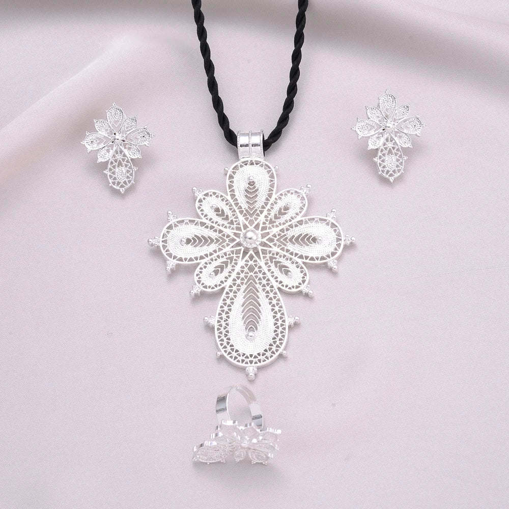 Ethiopian Silver Color Cross Necklace Earring Ring African Bridal Jewellery Set