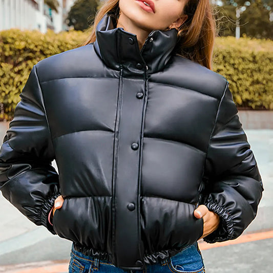 Jacket Women Black PU Leather Parkas Elegant Zipper Coat Cotton Padded Punk Outwear