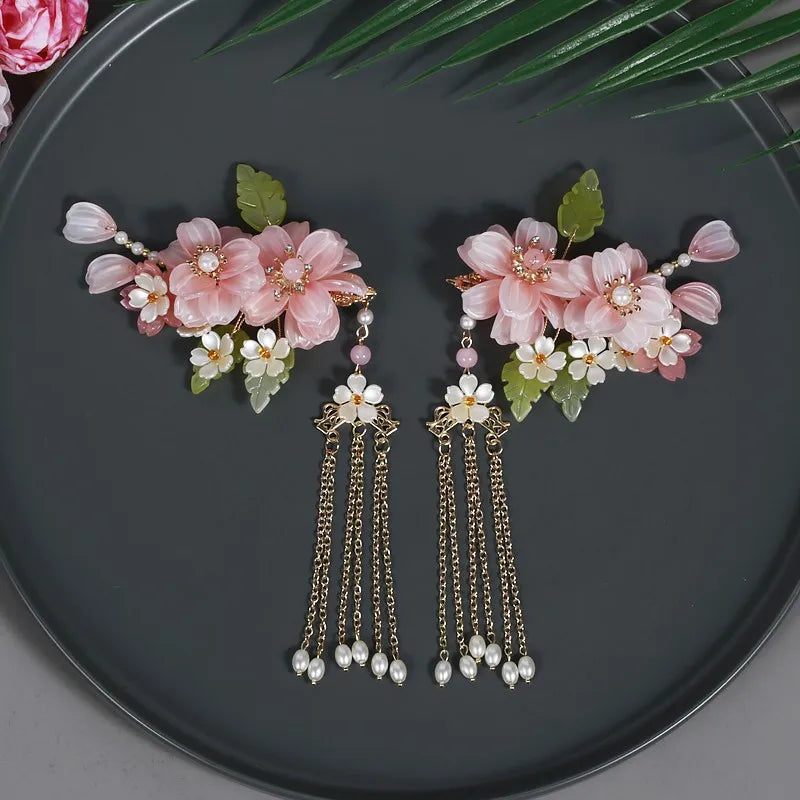 Blue Flower Hairpins Side Clips Retro Chinese Fashion Fringe Jewelry Long Tassel Pendant Headpiece for Women Girls Hanfu Dress - Hiron Store