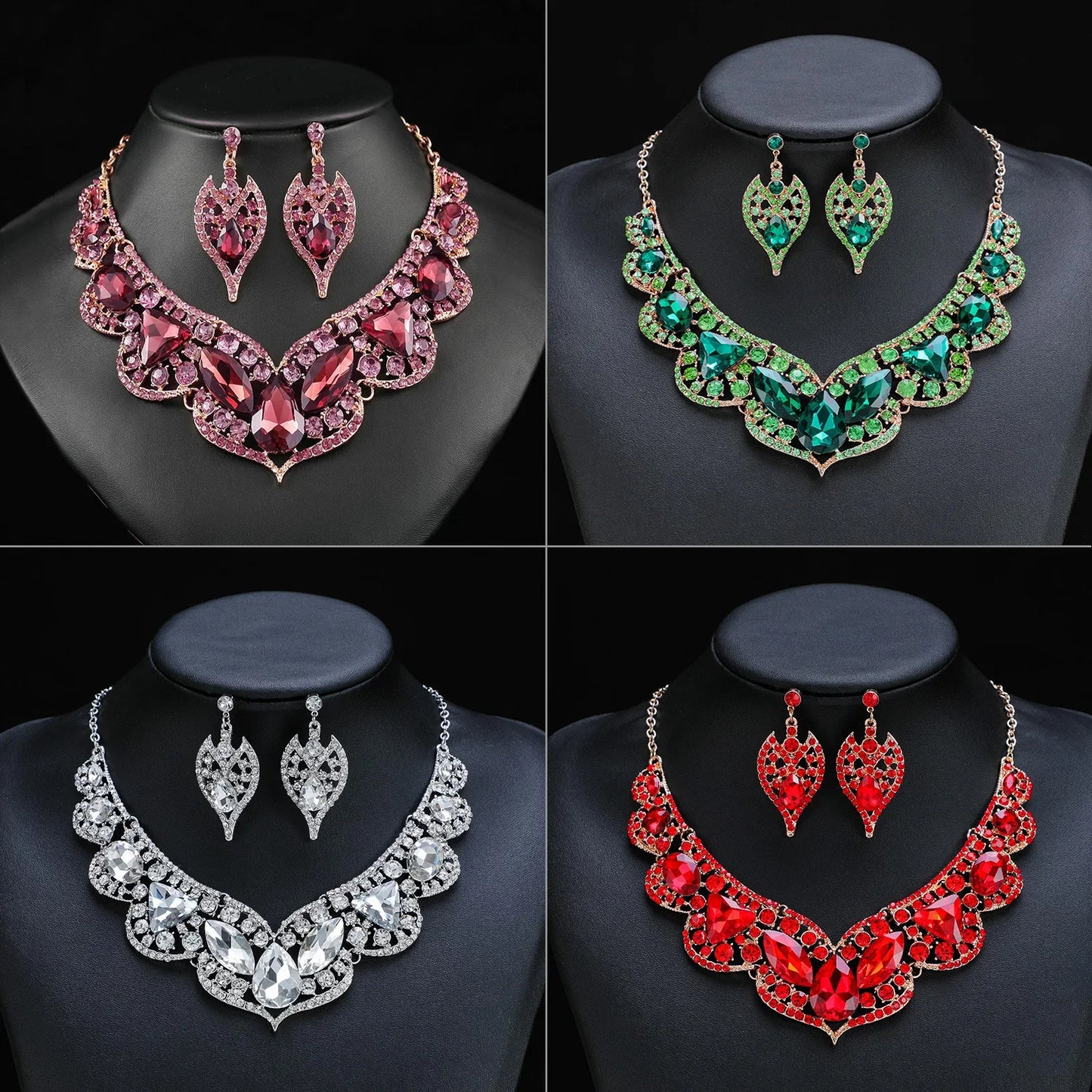 Vintage Noble Big Gem Necklace Earring Set Bridal Wedding Dress Necklace Jewellery