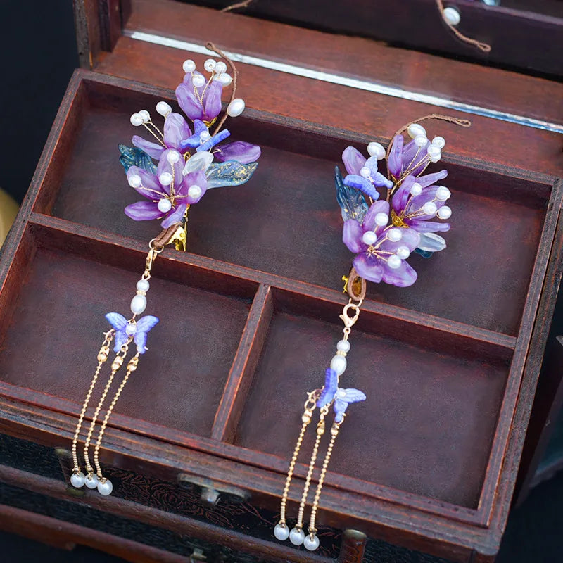 Blue Flower Hairpins Side Clips Retro Chinese Fashion Fringe Jewelry Long Tassel Pendant Headpiece for Women Girls Hanfu Dress - Hiron Store