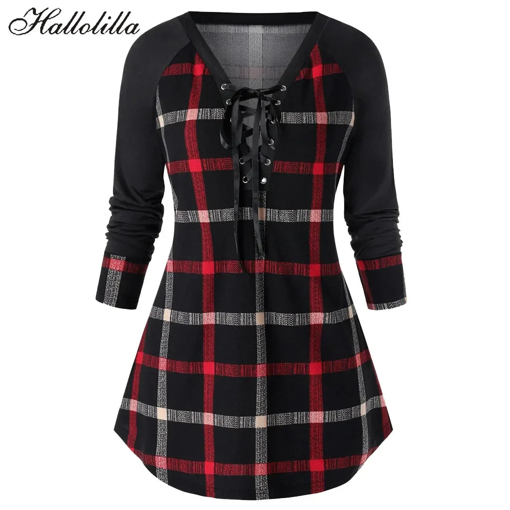 Women's Long T Shirt Casual Female Plaid T-Shirts Woman Clothing Tops