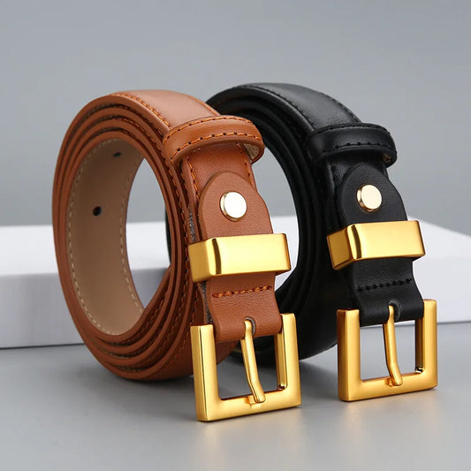 Women's Genuine Leather Belt Retro Wearing Gold Button Jeans Belt Small Design Thin Belts