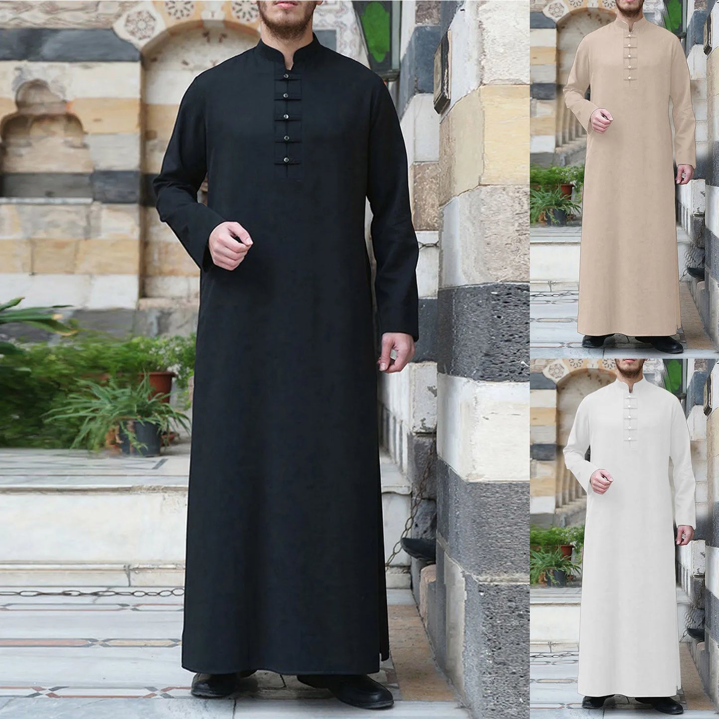 Muslim Robe Men Jubba Thobe Saudi Arabia Kaftan Solid Color Stand Neck Homme Abaya Caftan Islamic Clothing Islam Dress Eid Abaya - Hiron Store