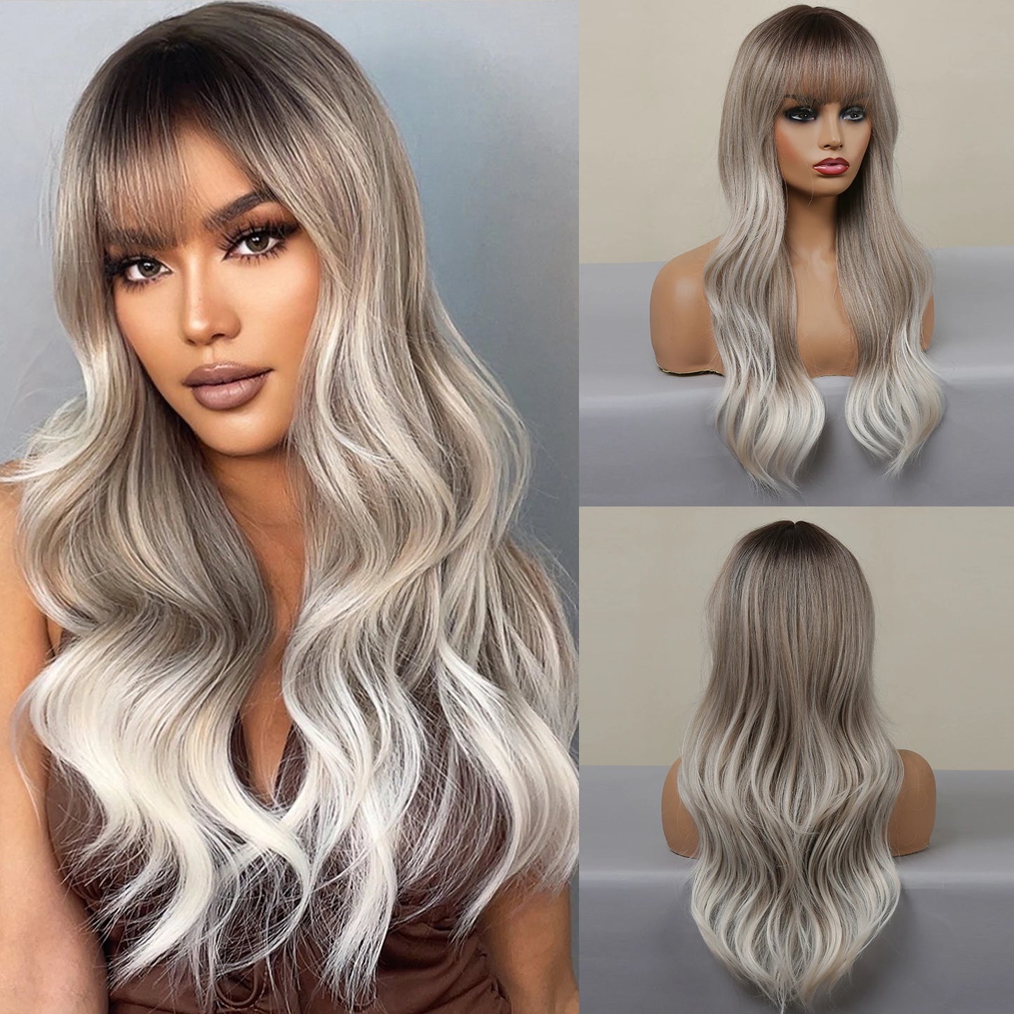 Ombre Brown Blonde Long Straight Synthetic Wigs with Bangs Cosplay Wig for Women High Temperature Natural Fake Hair