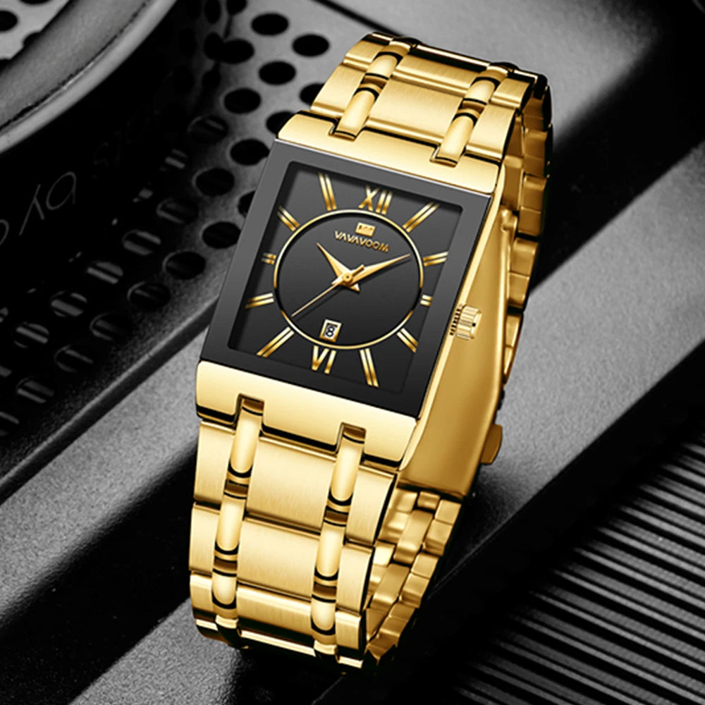 Square Men's Watches Luxury Golden Quartz Stainless Steel Waterproof Wrist Watch