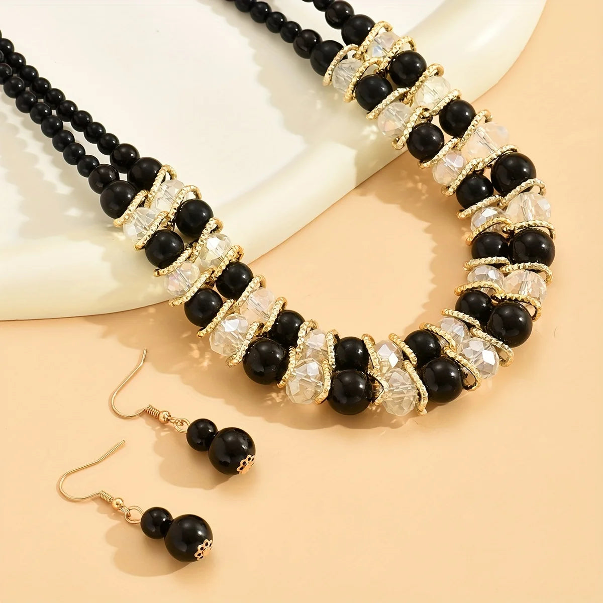 Earrings + Necklace Boho Style Jewelry Set Made Of Black And White Artificial