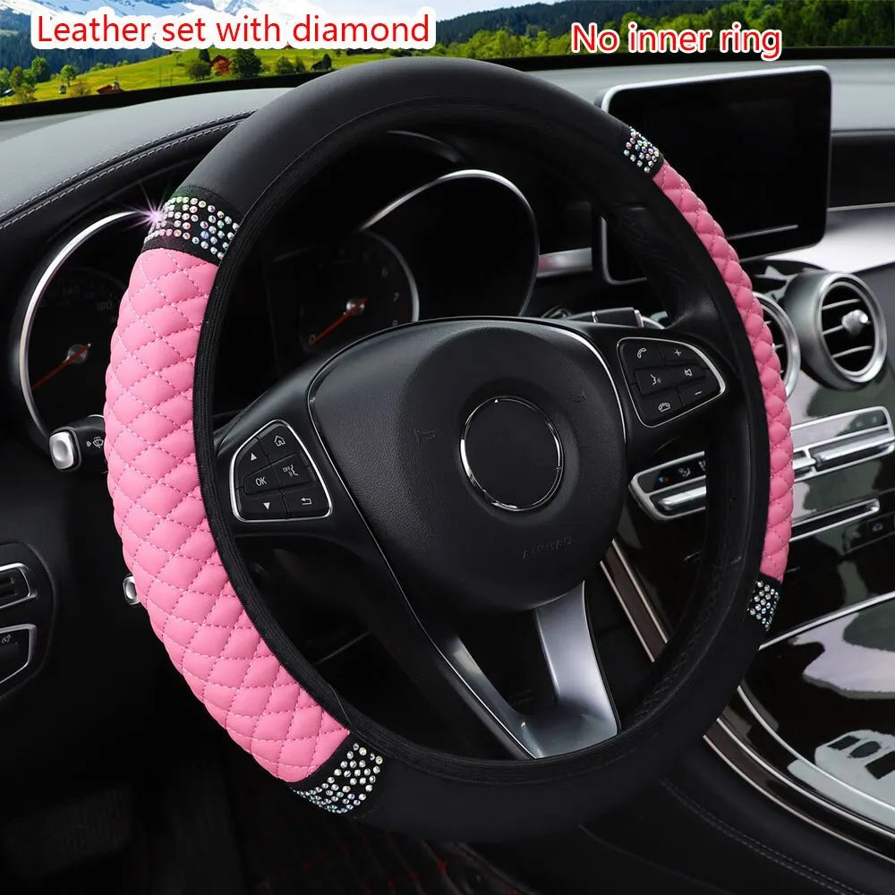 Car Steering Wheel Cover Without Inner Ring 37-38cm Three-dimensional Leather Embroidered Color Diamond-encrusted Breathable - Hiron Store