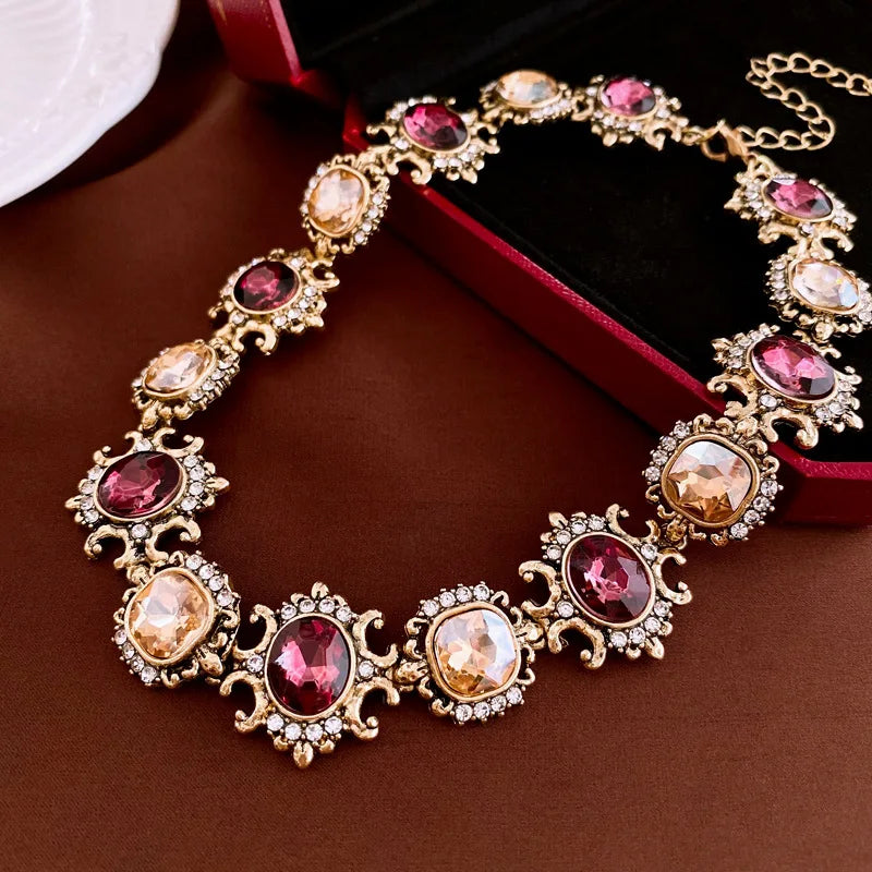 Baroque Style Necklace Earrings For Women Brown Crystal Jewelry Sets