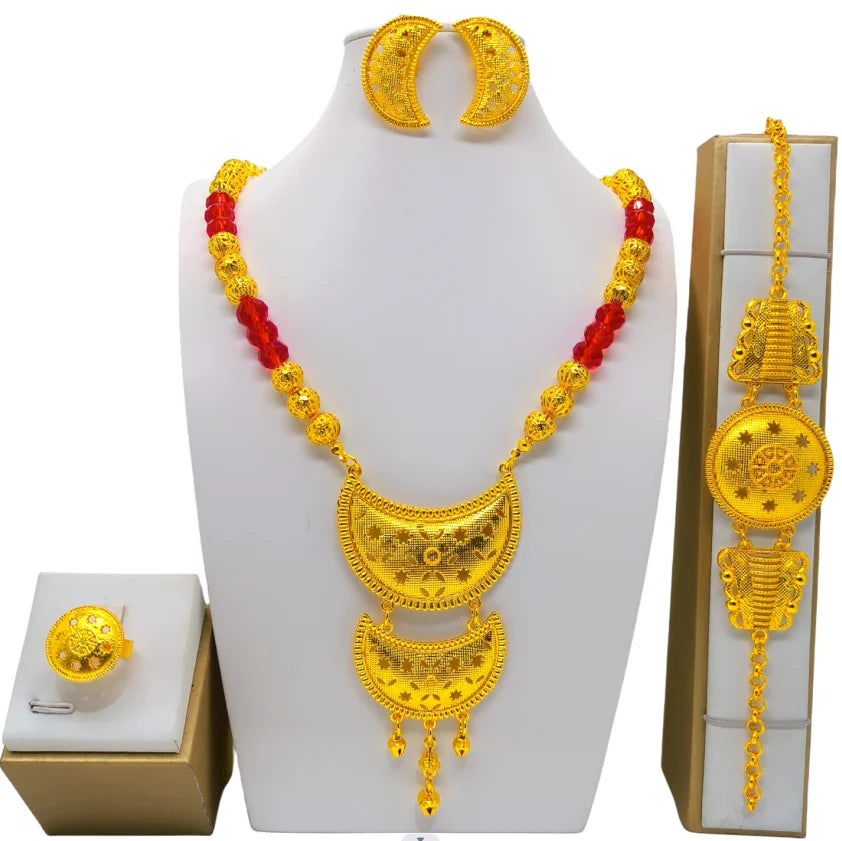 Indian Bridal Jewelry Sets For Women Wedding Ethiopian 24K Gold Plated Necklace And Earing Jewellery