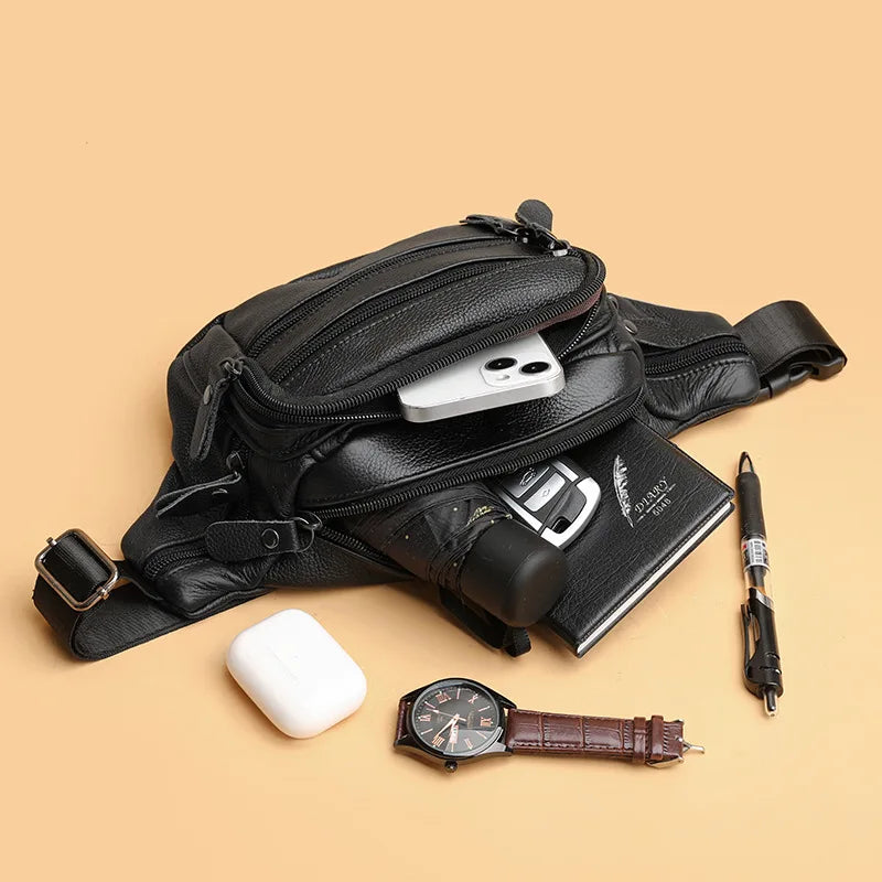 Fashion Men Genuine Leather  Bag for Phone Messenger Bags Brand  Pack Male Travel Waist Bag Men