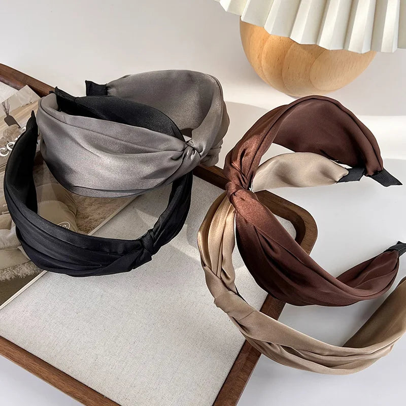 Retro Coffee Color Satin Knotted Wide Headbands Woman Temperament Elegant Hairband Hair Hoop Hair Fashion Accessories