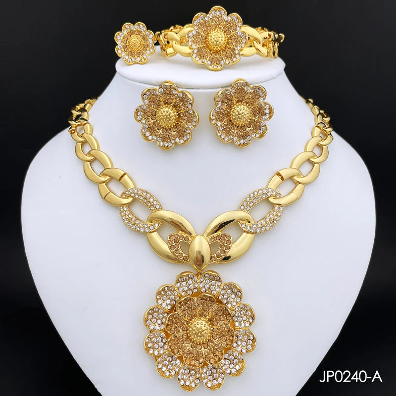 Vintage Jewelry Sets For Women Plant Flower Big Pendant Quality Necklace Earrings Ring Bracelet Set