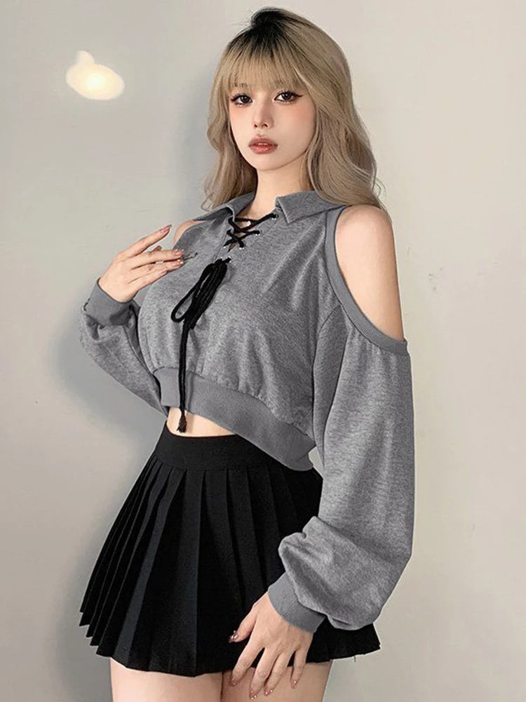 Women Sweatshirt Streetwear Off Shoulder Gothic Tops Long Sleeve Harajuku Grey Pullovers