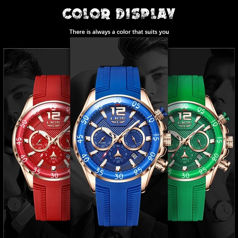 LIGE Silicone Men's Watches Waterproof Quartz Wristwatches Chronograph Clock