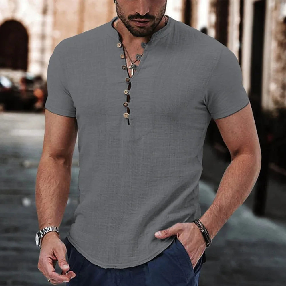 New Men's Short Sleeve Tshirt V neck button Cotton Linen Shirt Men's Casual Clothes Popular Tops for Men - Hiron Store