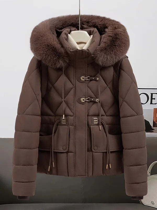2026 New Women's down Cotton Jacket Short Thickened Large Fur Collar Loose Winter Coat