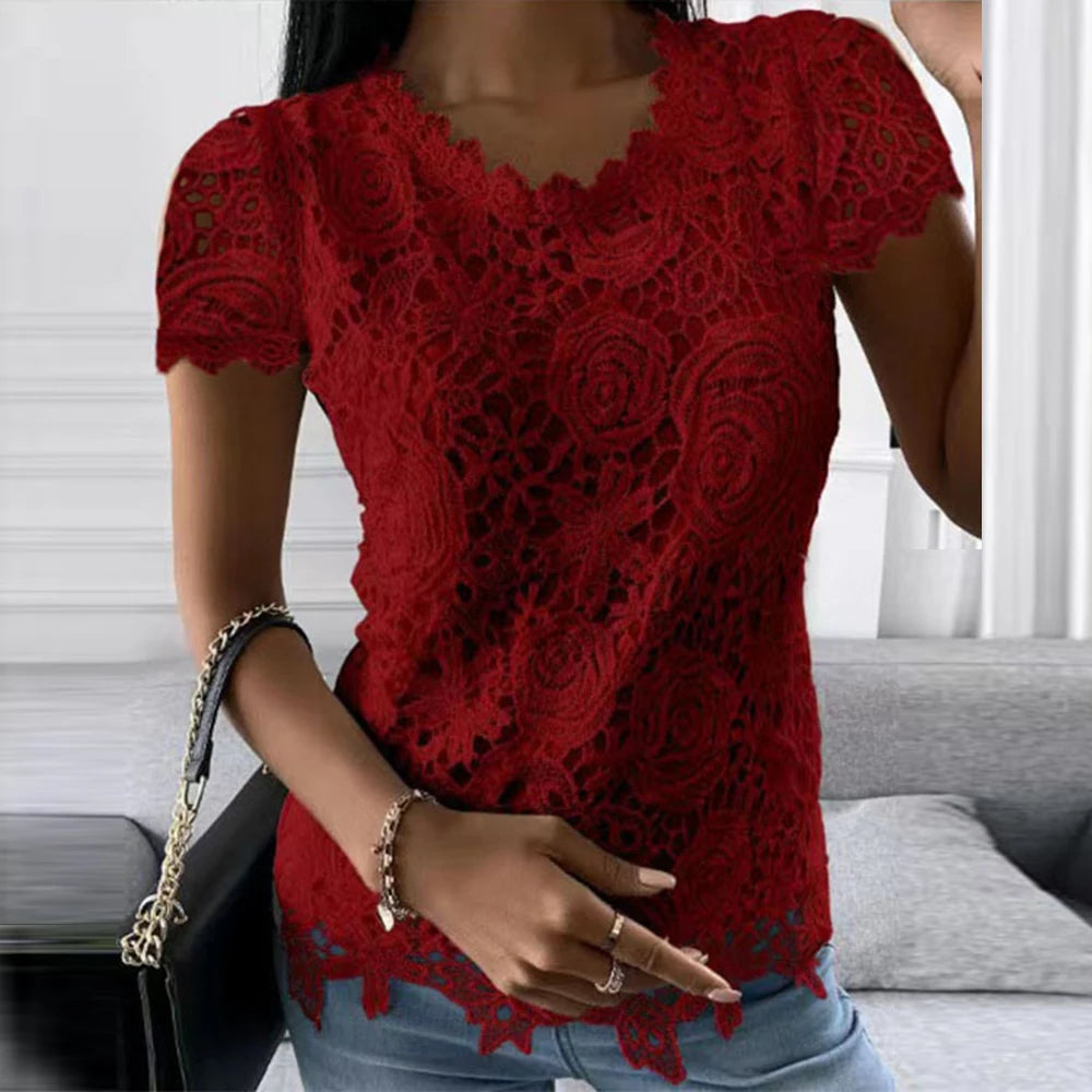 Womens Lace Round Neck Tops T-Shirts Ladies Summer Casual Short Sleeve Blouse Pullover Fashion Clothing For - Hiron Store