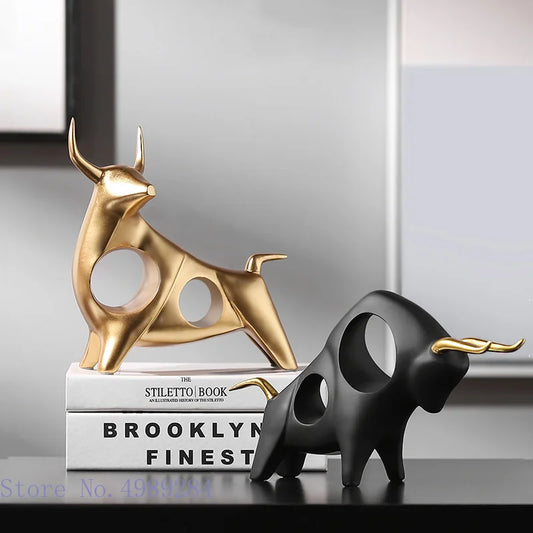 Creative Resin Animal Sculpture Abstract Simulation Cattle Bull Statue Golden Hollow Modern Home Decoration