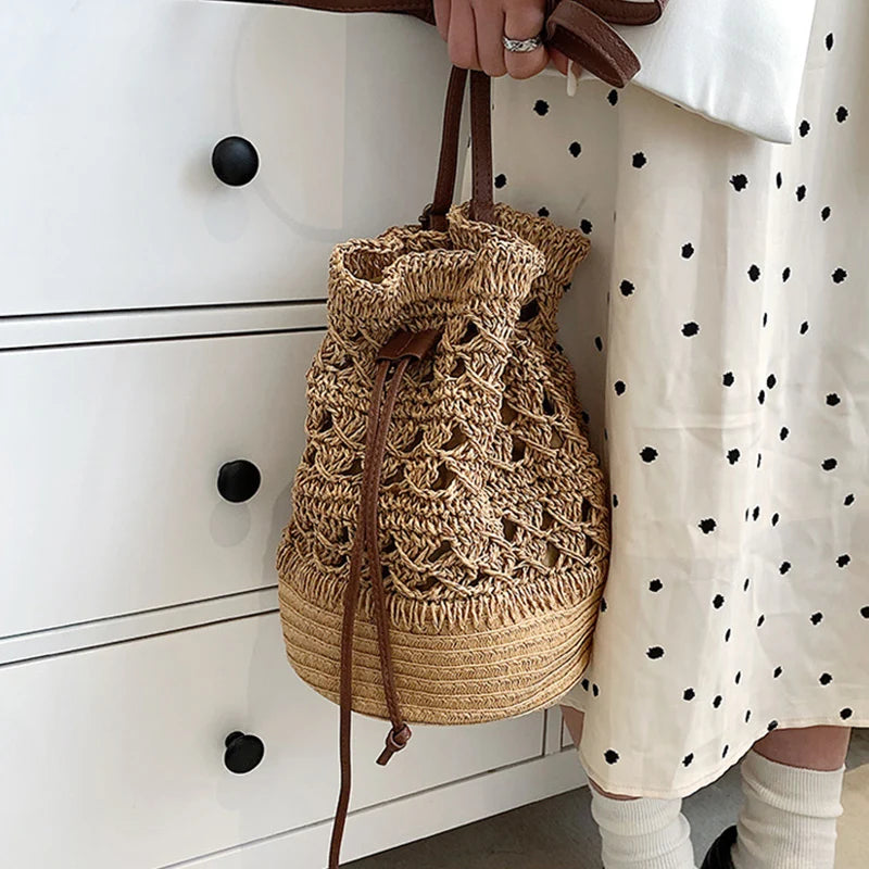 Chic Bucket Shape Crossbody Shoulder Bags Handmade Straw Hollow out Bag Pouch Female Travel Phone Purse Vintage Handbags - Hiron Store