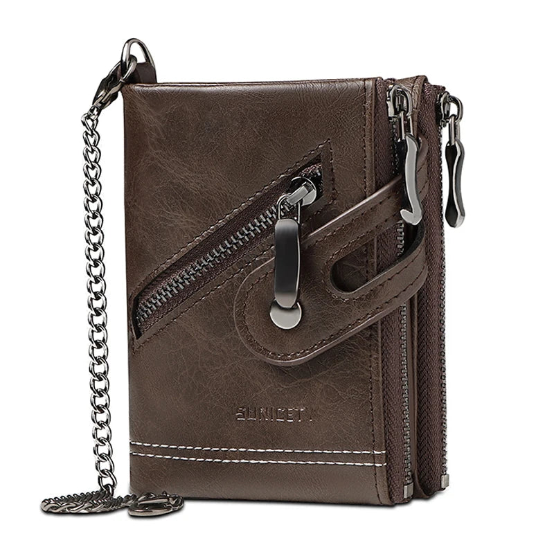 Wallet Men Metal Chain Anti Theft PU Leather Bifold Zipper Wallet Credit Card Storage Bag