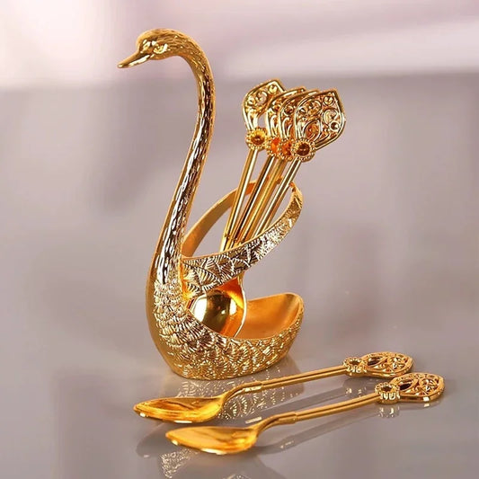 7pcs Spoon Set Zinc Alloy Coffee Spoon with Swan Shaped Holder Creative Luxury Dessert Utensils For Tea Ice Cream Stirring Tools