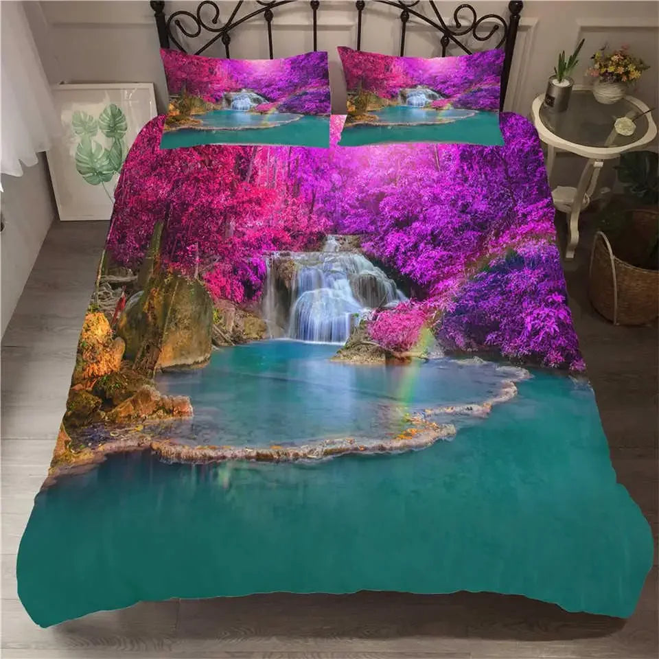 Waterfall Duvet Cover Set Natural Scenery Quilt Cover Pillowcase Landscape Forest Queen Size Polyester Bedding Set