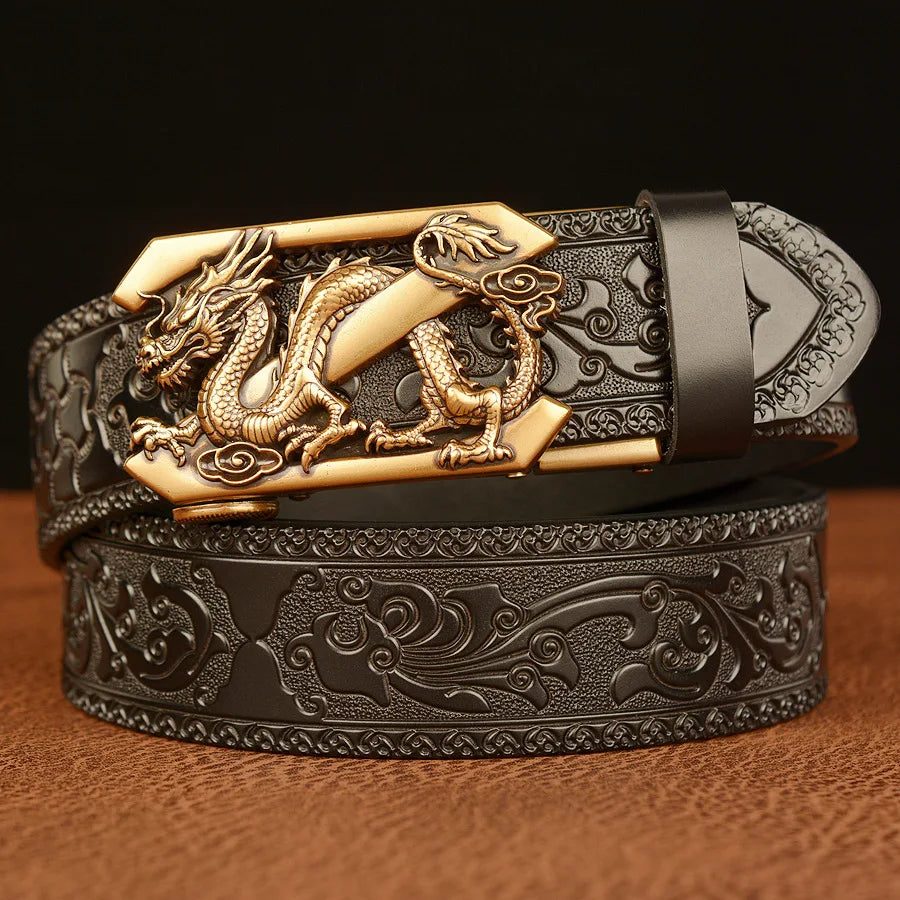 Genuine Leather Belt Luxury Gold Dragon Metal Automatic Buckle Cowhide Belts for Men Jeans Waistband Male Strap