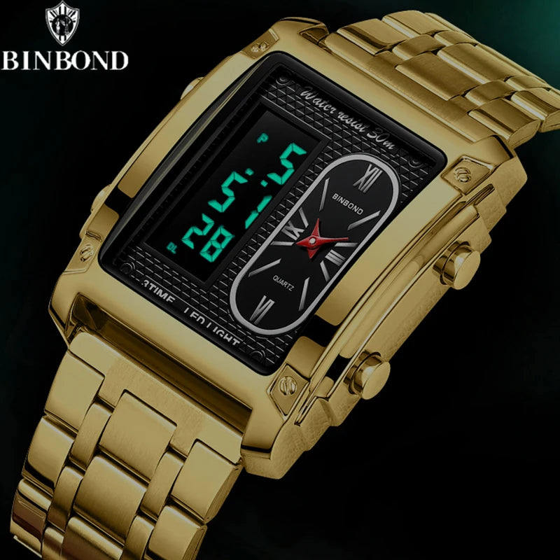 BINBOND Brand Luxury Watches for Men Fashion Quartz Wristwatch Square Gold Stainless Steel Watche