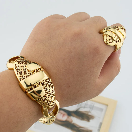 Cuff Bangle With Ring For Women 18K Gold Plated Bracelet Jewellery Nigerian Wedding Bracelet