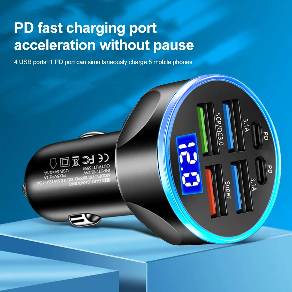 250W PD Car Charger QC3.0 Fast Charge One to Six Car Cigarette Lighter Plug 5 Port Car Chargers with Digital Display