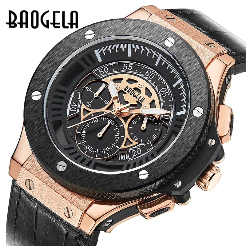 Brand Men Watch Quartz  Gold Rubber Band 3ATM Water Resistant Chronograph Mens Quartz Wrist Watch