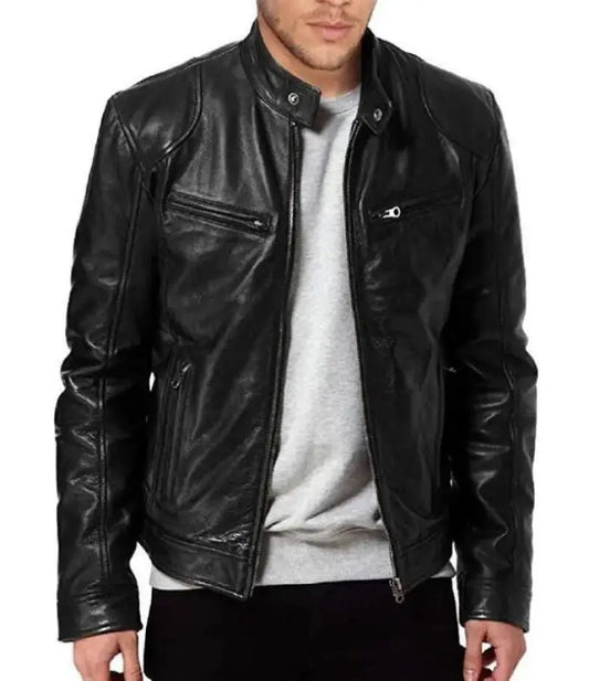 Men's Leather Jacket Slim Fit Stand Collar PU Jacket Male Anti-wind Motorcycle Zipper Jackets