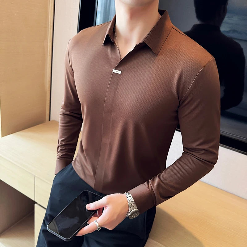 High Elastic V-neck Non-marking POLO Shirt, Autumn Long sleeved Casual Business, Solid Color  T-shirt, Men's Clothing