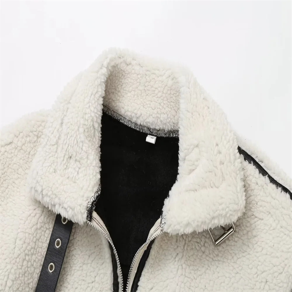 Women's Wear European and American Style Casual Fur One Piece Lamb Wool Contrast Color Plush Warm Jacket