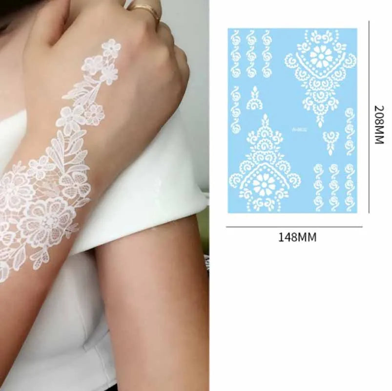 Henna White Lace Tattoo Stickers Bride Wedding Festival Face Neck Chest Arm Hand Foot Body Art Temporary 3D Tattoos