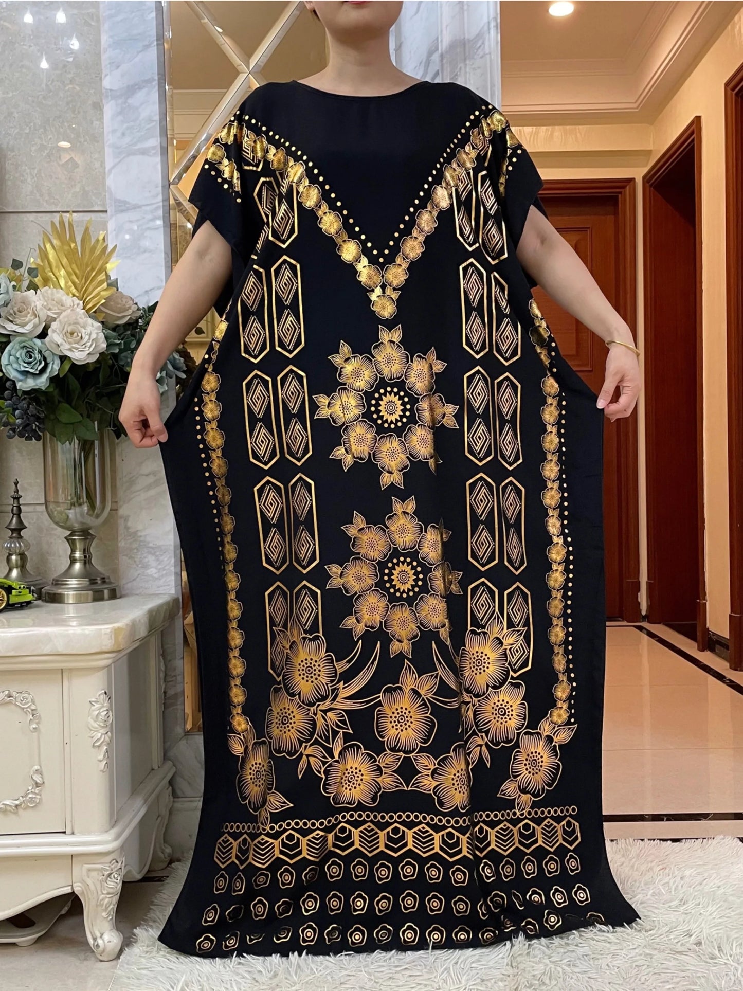 Short Sleeve Cotton Robe Gold Stamping  Boubou Maxi Islam Femme Dress African Abaya