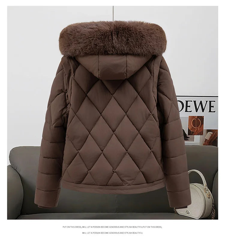 2026 New Women's down Cotton Jacket Short Thickened Large Fur Collar Loose Winter Coat