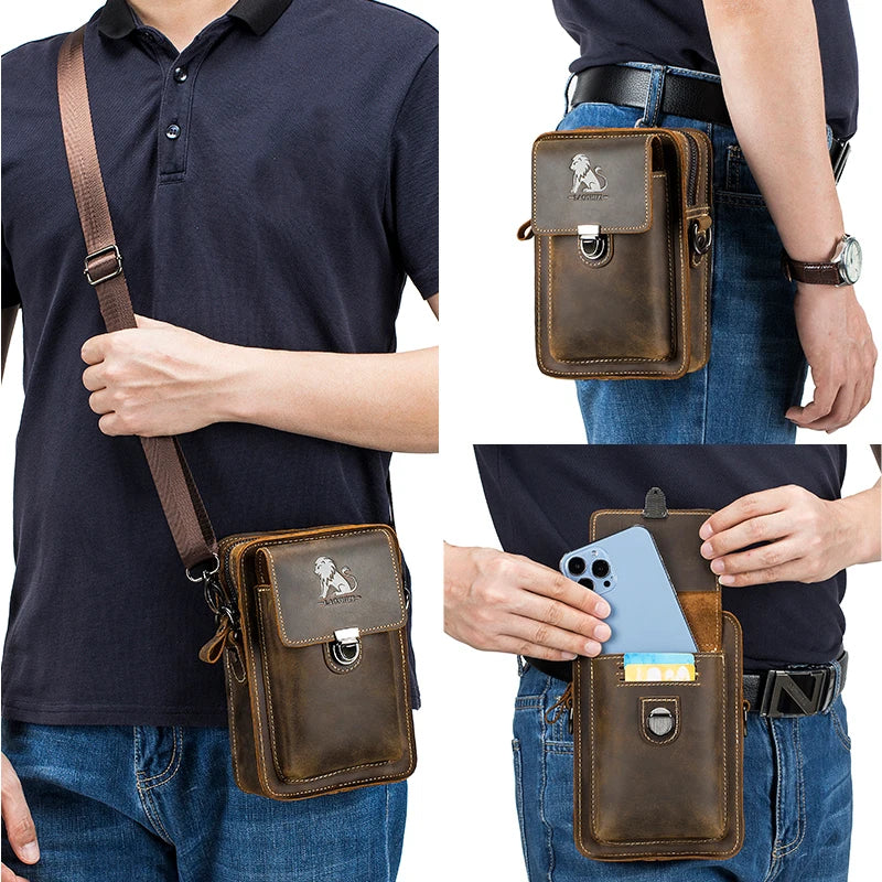 Crazy Horse Skin Men's Wearing Belt Phone Waist Bag Top Layer Cowhide Multi functional Single Shoulder Crossbody Phone Bag