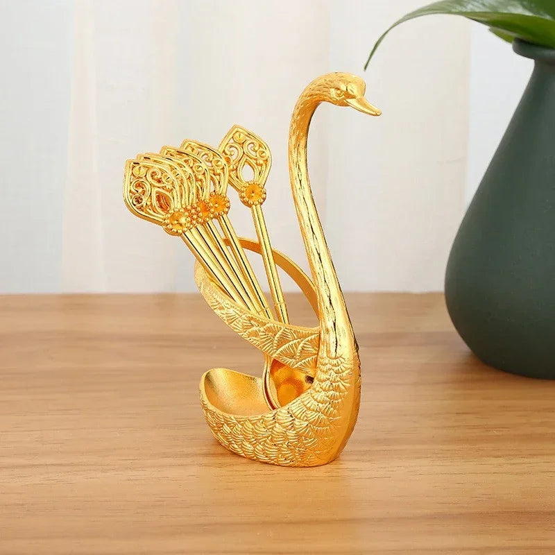 7pcs Spoon Set Zinc Alloy Coffee Spoon with Swan Shaped Holder Creative Luxury Dessert Utensils For Tea Ice Cream Stirring Tools