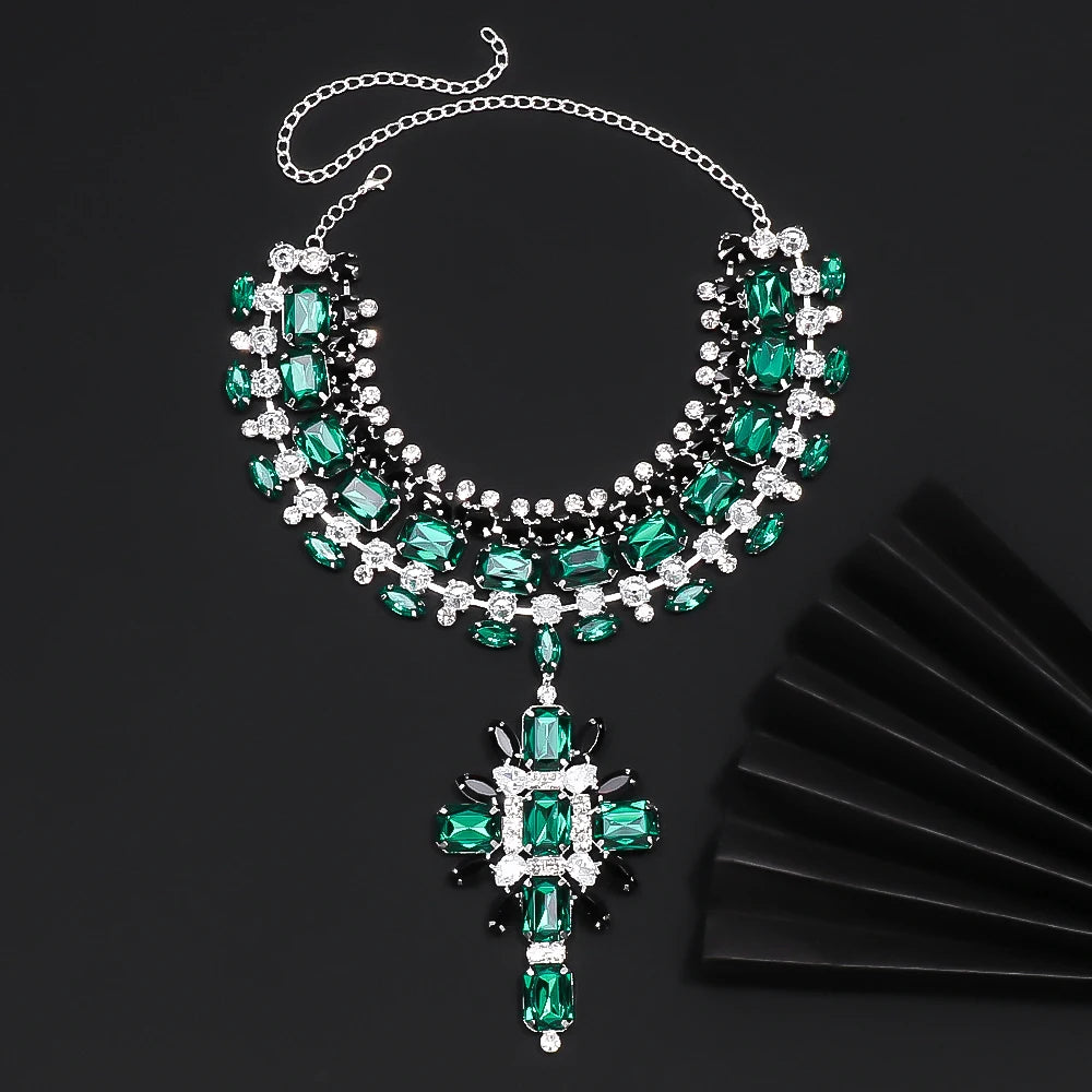 Necklace Set Pendant Bridal Accessories Luxury Design Green Rhinestone Jewellery Sets