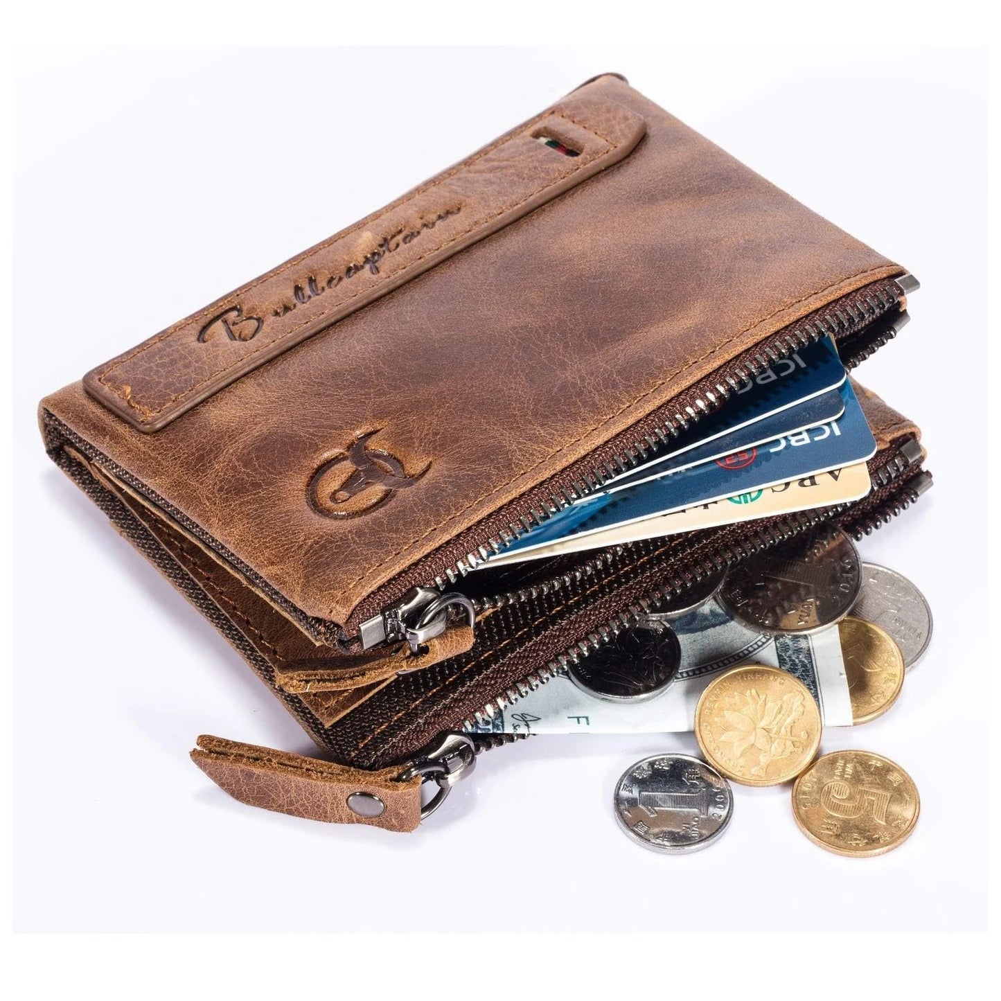 BULLCAPTAIN Genuine Leather Wallet for Men Vintage Bifold with Double Zipper Pockets