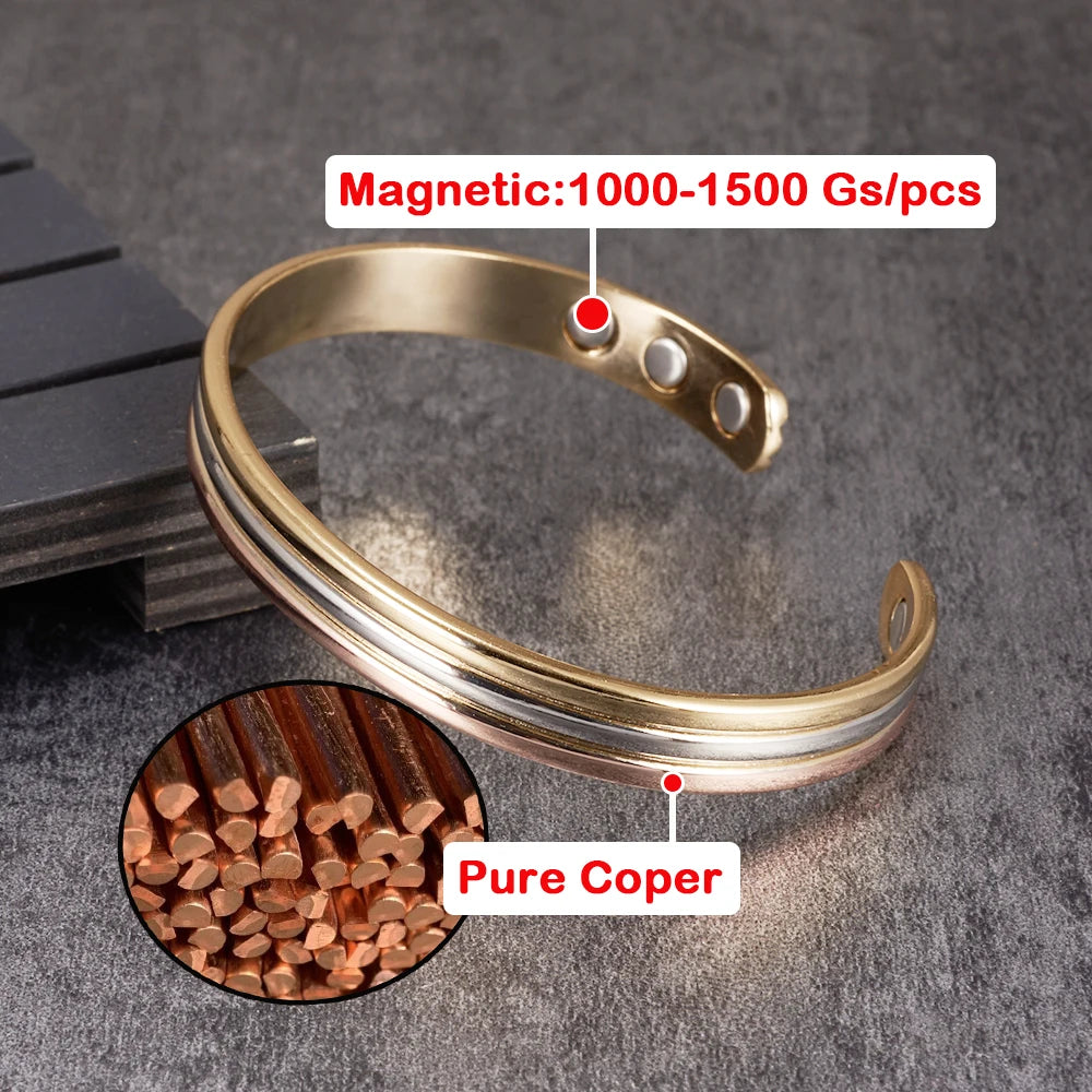 Copper Bracelets Magnetic Therapy Arthritis Lines Adjustable High Magnet Open Cuff 8mm Bangles Resizable Jewellery